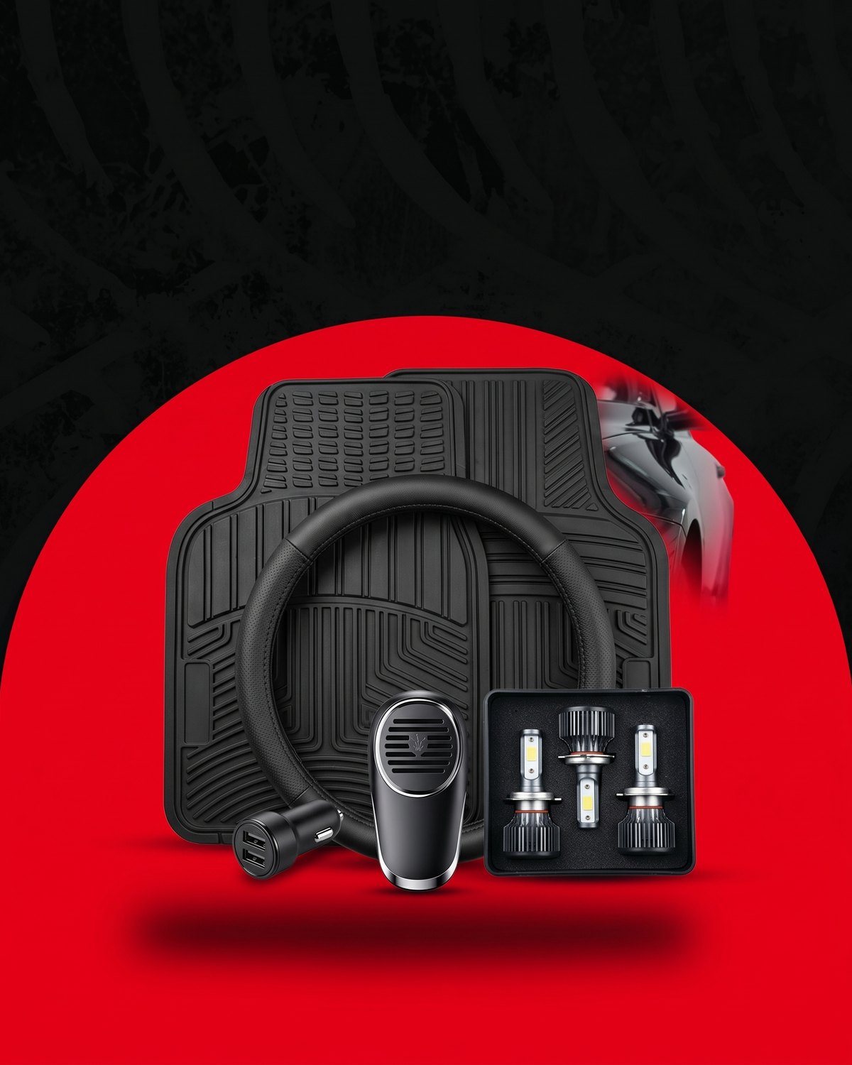Accesorios para auto: alfombras, cubrevolante, cargador USB, aromatizante y kit de lámparas LED