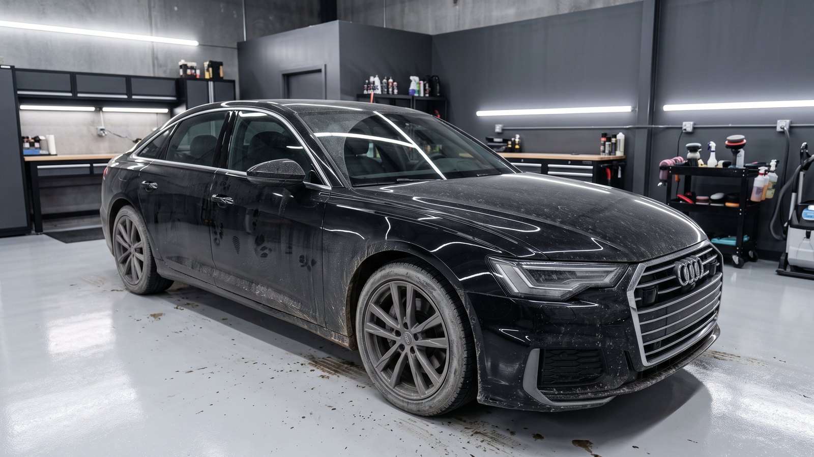 Audi A6 negro después del detailing, impecable y con brillo