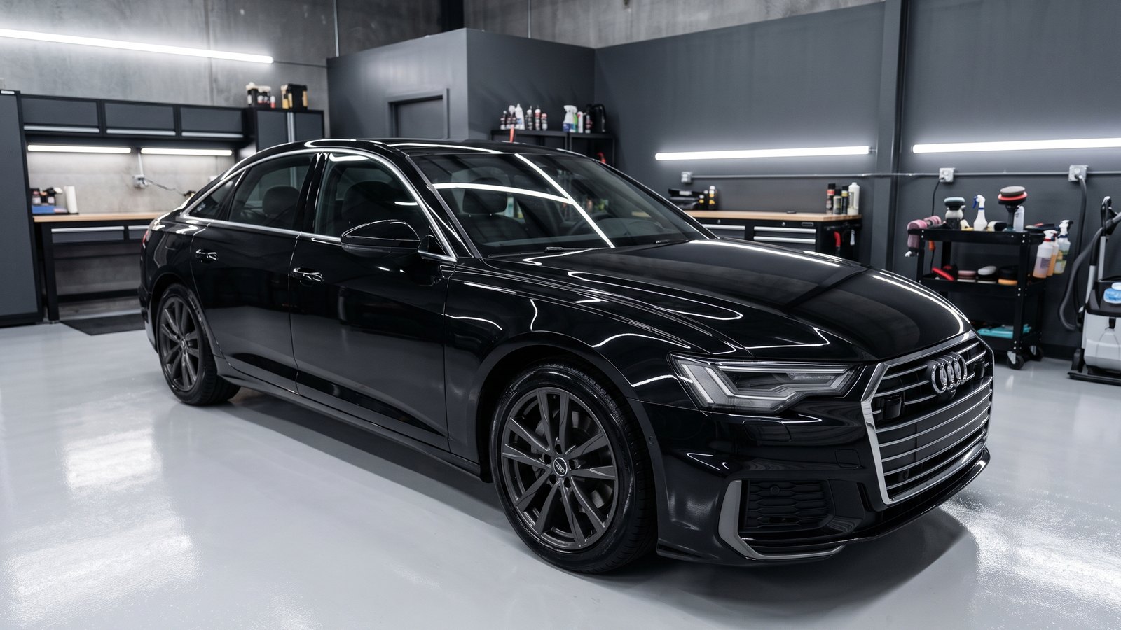 Audi A6 negro antes del detailing, con barro y polvo